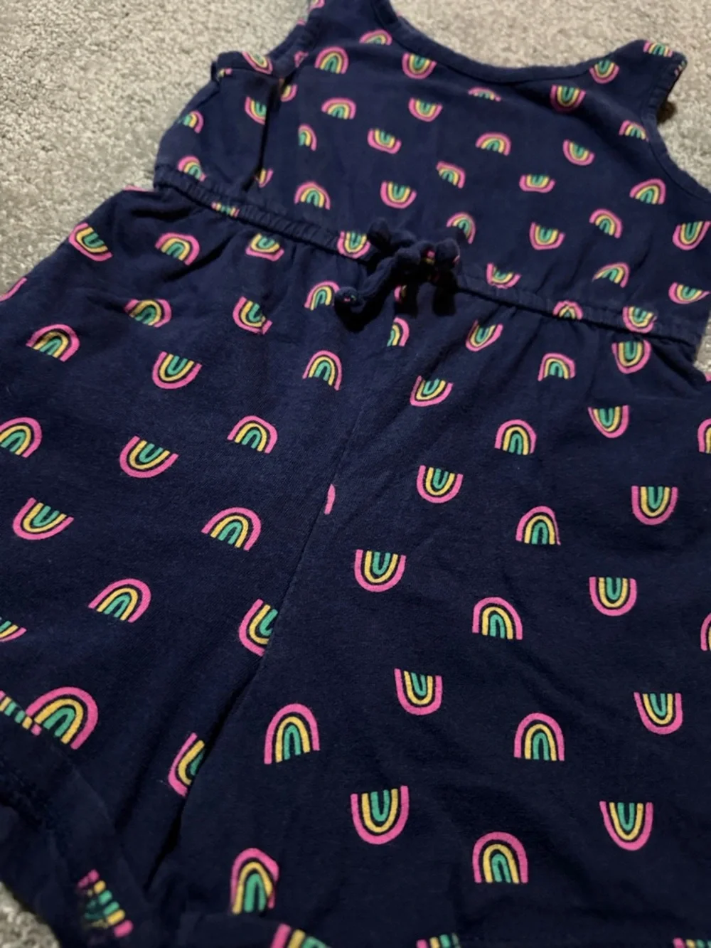 Old Navy 4T navy blue sleeveless‎ romper with rainbows and front tie so cute